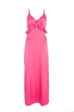 Pink Satin Frill Slip Midi Dress