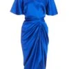 Royal Blue Satin Wrap Ruched Midi Dress