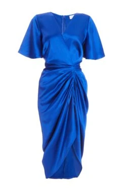 Royal Blue Satin Wrap Ruched Midi Dress