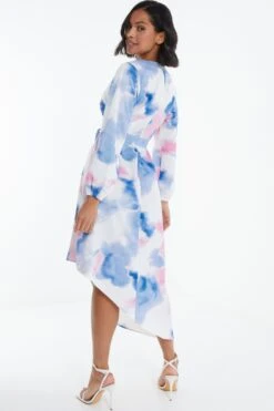 Blue Satin Asymmetric Hem Midi Dress -Glamourista 00100038640 XB