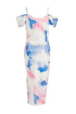 Blue Satin Marble Print Midi Dress -Glamourista 00100038641 ZB