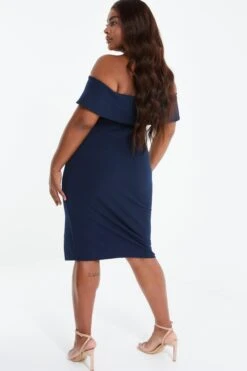Curve Navy Ruched Bardot Midi Dress -Glamourista 00100038649 XB