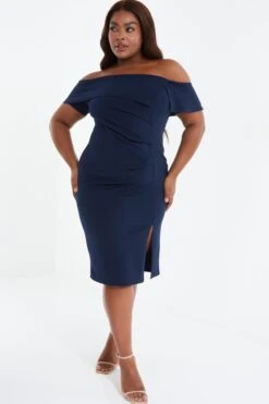 Curve Navy Ruched Bardot Midi Dress -Glamourista 00100038649 XM