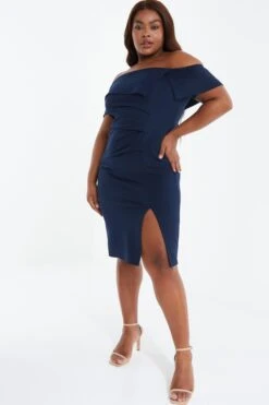 Curve Navy Ruched Bardot Midi Dress -Glamourista 00100038649 XS