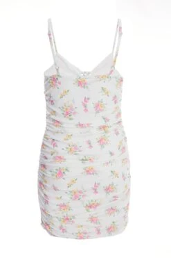 White Ditsy Floral Ruched Mini Dress -Glamourista 00100038656 ZB