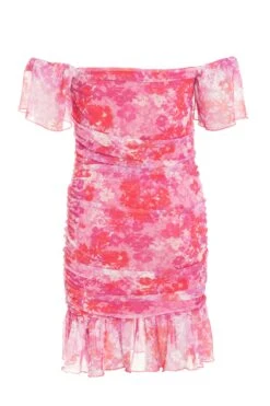 Pink Floral Ruched Bardot Mini Dress -Glamourista 00100038657 ZB