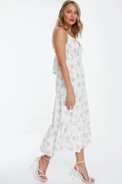 White Ditsy Floral Ruched Midi Dress -Glamourista 00100038658 XS
