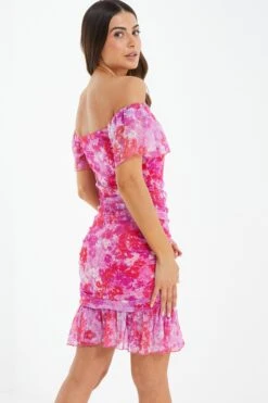 Petite Pink Floral Ruched Bardot Mini Dress -Glamourista 00100038660 XB