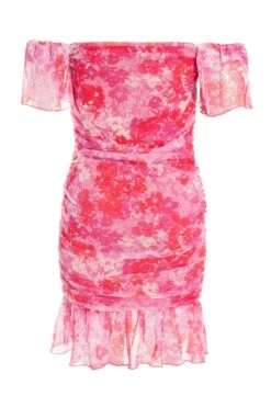 Petite Pink Floral Ruched Bardot Mini Dress -Glamourista 00100038660 ZB