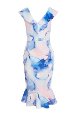 Blue Marble Print Bardot Midi Dress -Glamourista 00100038685 ZB