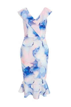 Blue Marble Print Bardot Midi Dress