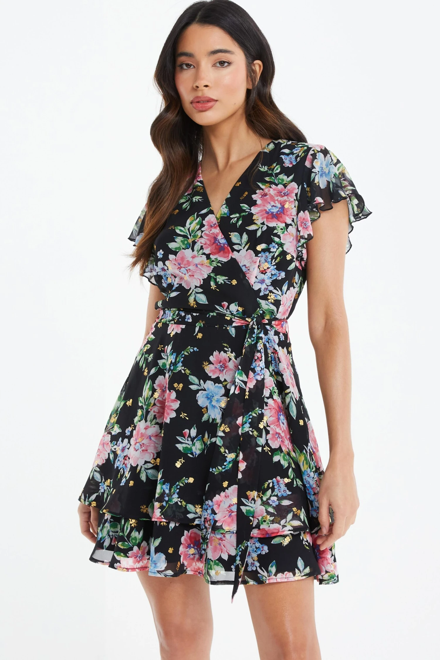Black Chiffon Floral Print Skater Dress 2 Black Chiffon Floral Print Skater Dress - Image 2