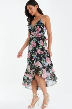 Black Floral Chiffon Wrap Midi Dress -Glamourista 00100038768 XS