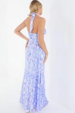 Blue Marble Print Halter Neck Maxi Dress -Glamourista 00100038774 XB