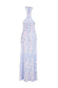 Blue Marble Print Halter Neck Maxi Dress -Glamourista 00100038774 ZB
