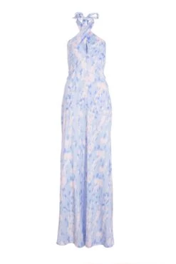 Blue Marble Print Halter Neck Maxi Dress