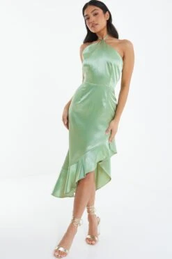 Petite Sage Halter Neck Asymmetric Midi Dress -Glamourista 00100038796 XS