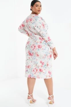 Curve Pink Floral Wrap Midi Dress -Glamourista 00100038860 XB