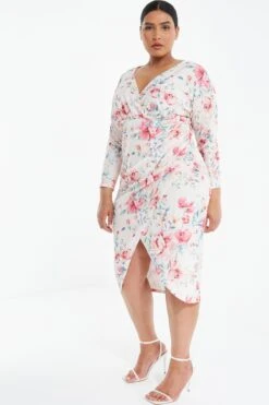 Curve Pink Floral Wrap Midi Dress -Glamourista 00100038860 XS