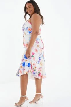 Curve Cream Floral Frill Midi Dress -Glamourista 00100038861 XB