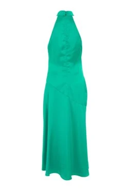 Jade Green Satin High Neck Midi Dress -Glamourista 00100038868 ZB