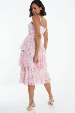Pink Floral Tiered Midi Dress -Glamourista 00100038871 XB