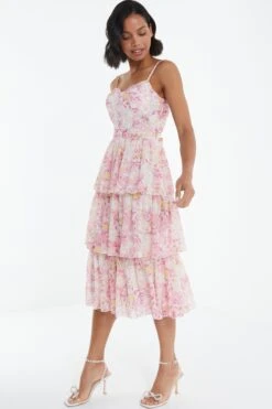 Pink Floral Tiered Midi Dress -Glamourista 00100038871 XS