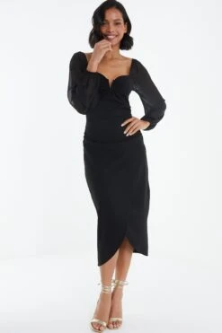 Black Ruched Mesh Midi Dress -Glamourista 00100038877 XS