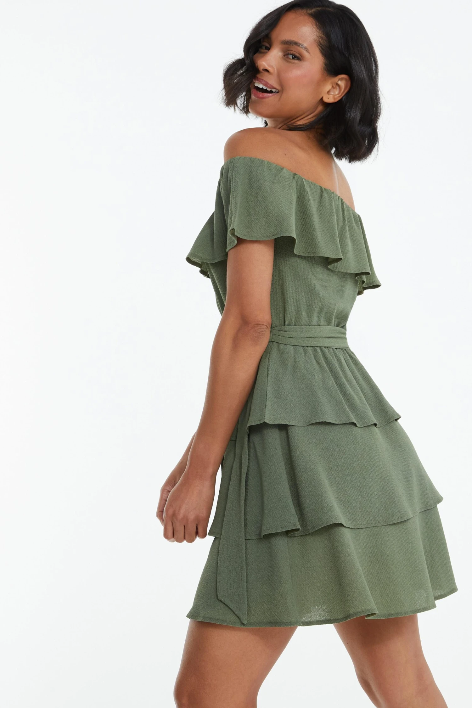 Khaki Tiered Bardot Mini Dress 3 Khaki Tiered Bardot Mini Dress - Image 3