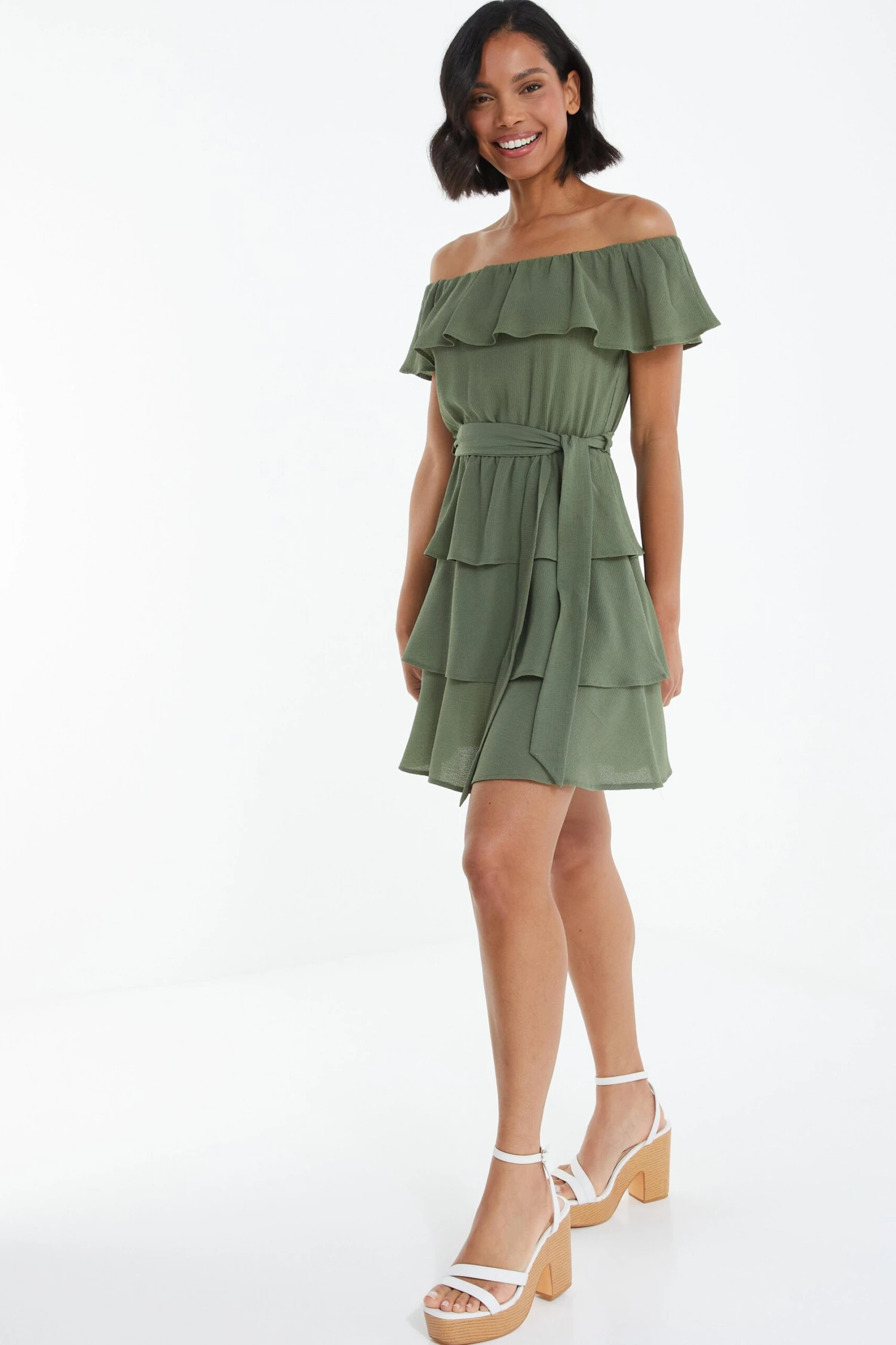 Khaki Tiered Bardot Mini Dress 4 Khaki Tiered Bardot Mini Dress - Image 4