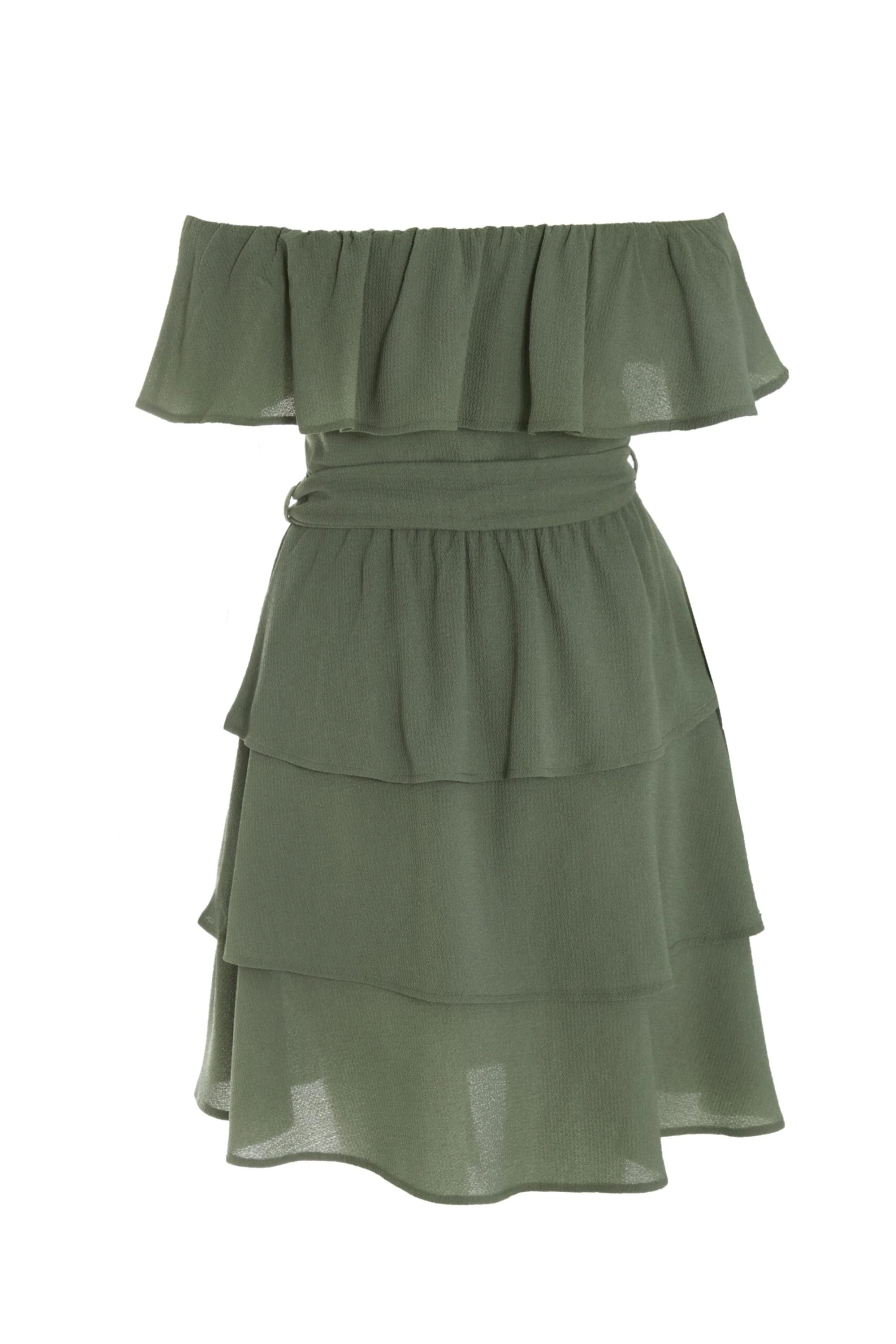 Khaki Tiered Bardot Mini Dress 5 Khaki Tiered Bardot Mini Dress - Image 5