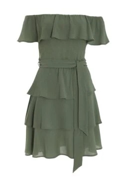 Khaki Tiered Bardot Mini Dress