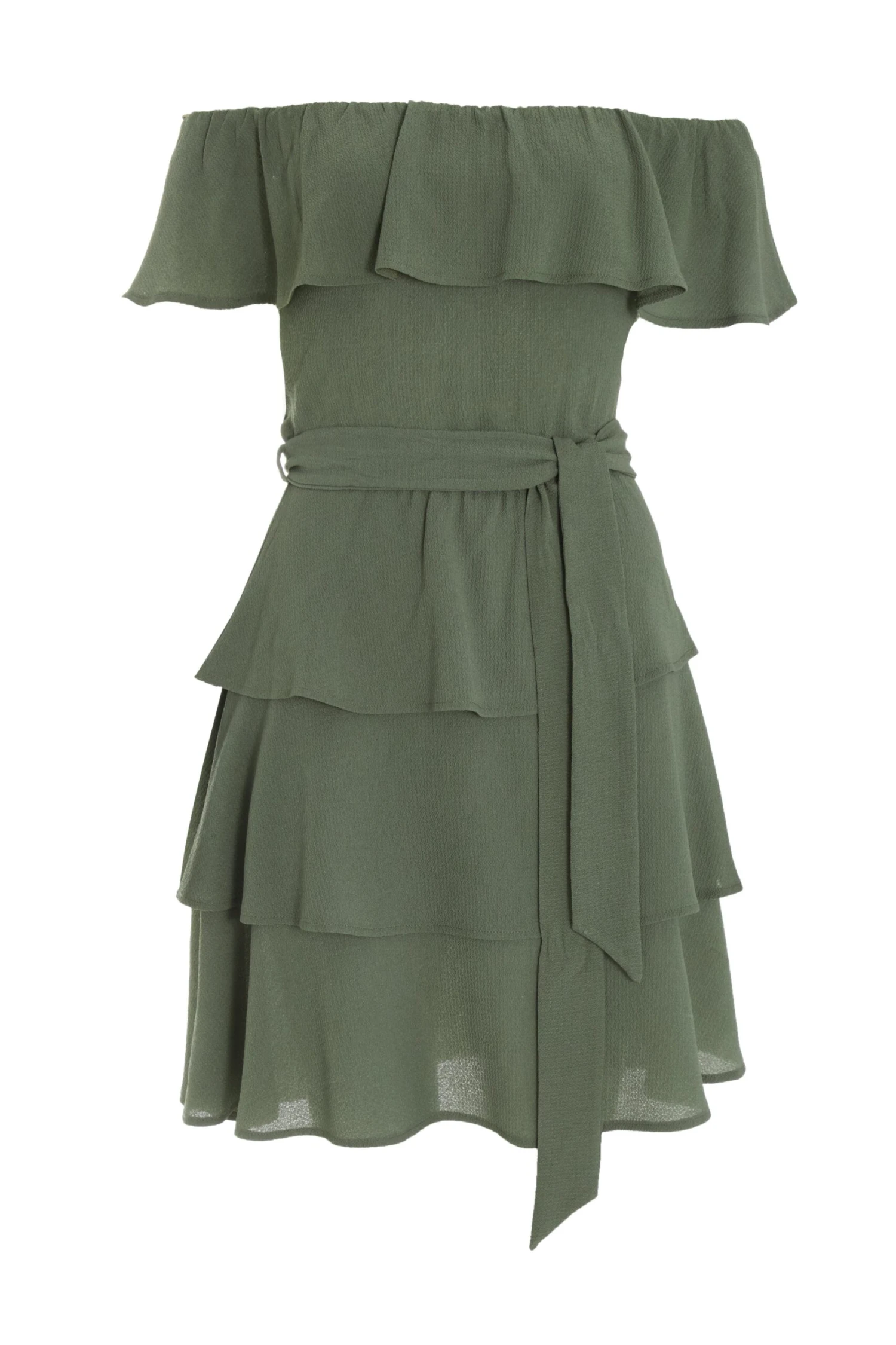 Khaki Tiered Bardot Mini Dress 1 Khaki Tiered Bardot Mini Dress