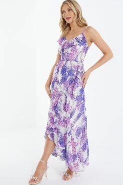 Purple Floral Print Frill Maxi Dress -Glamourista 00100039043 XS