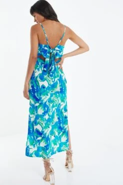 Blue Tropical Print Satin Midaxi Dress -Glamourista 00100039060 XB