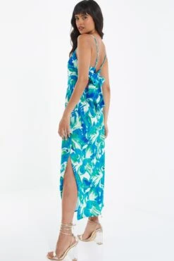 Blue Tropical Print Satin Midaxi Dress -Glamourista 00100039060 XS