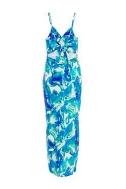 Blue Tropical Print Satin Midaxi Dress -Glamourista 00100039060 ZB