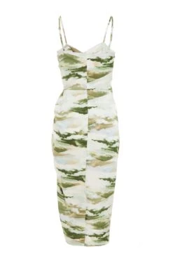 Green Marble Print Satin Ruched Midi Dress -Glamourista 00100039066 ZB