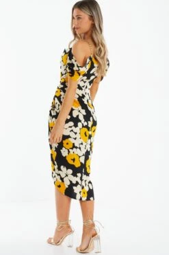 Black Floral Cold Shoulder Midi Dress -Glamourista 00100039068 XB