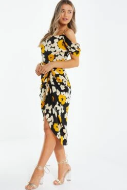 Black Floral Cold Shoulder Midi Dress -Glamourista 00100039068 XS