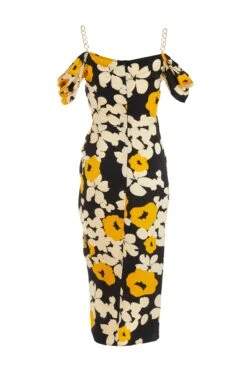 Black Floral Cold Shoulder Midi Dress -Glamourista 00100039068 ZB