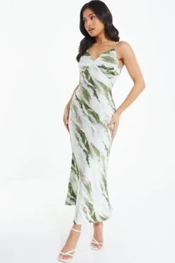 Petite Green Marble Print Satin Midaxi Dress -Glamourista 00100039109 XS