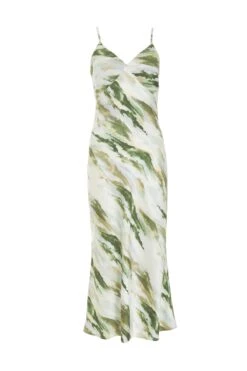 Petite Green Marble Print Satin Midaxi Dress