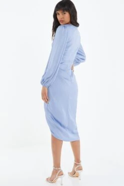 Blue Satin Ruched Midi Dress -Glamourista 00100039119 XB