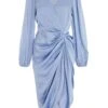 Blue Satin Ruched Midi Dress
