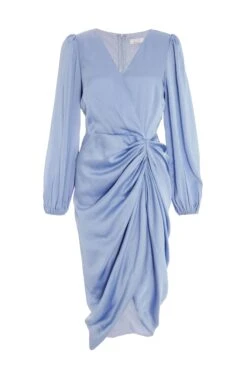 Blue Satin Ruched Midi Dress