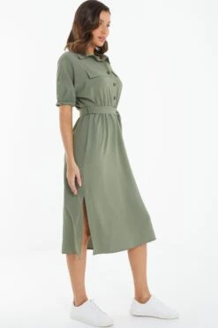 Khaki Shirt Midi Dress 9 Khaki Shirt Midi Dress -Glamourista 00100039122 XS