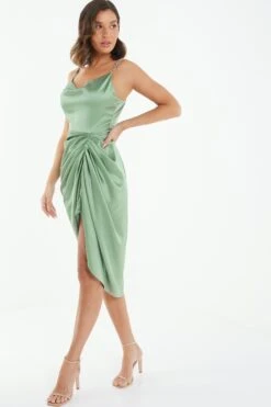 Khaki Satin Ruched Midi Dress -Glamourista 00100039127 XS