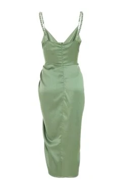Khaki Satin Ruched Midi Dress -Glamourista 00100039127 ZB