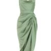 Khaki Satin Ruched Midi Dress